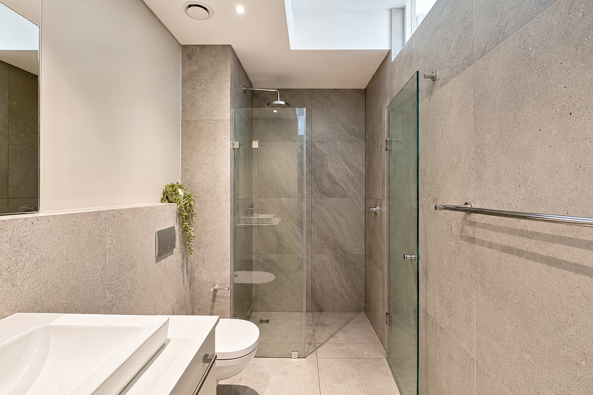 Modern bathroom featuring a walk-in shower with glass screen, wall-mounted toilet, vanity basin, and contemporary large-format tiling.