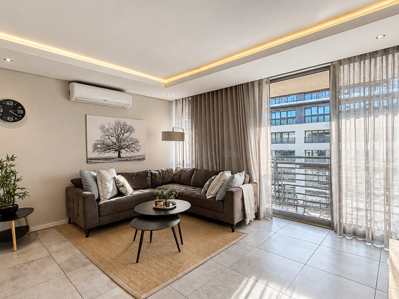Modern open-plan living area featuring tiled floors, recessed cove lighting, a split-system air conditioner, and direct access to a private balcony through sliding doors.