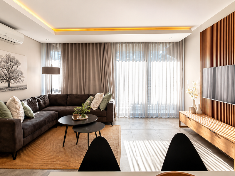 Modern living room featuring a timber slat feature wall, recessed ceiling lighting, tiled floors, and large sliding glass doors leading to a balcony.