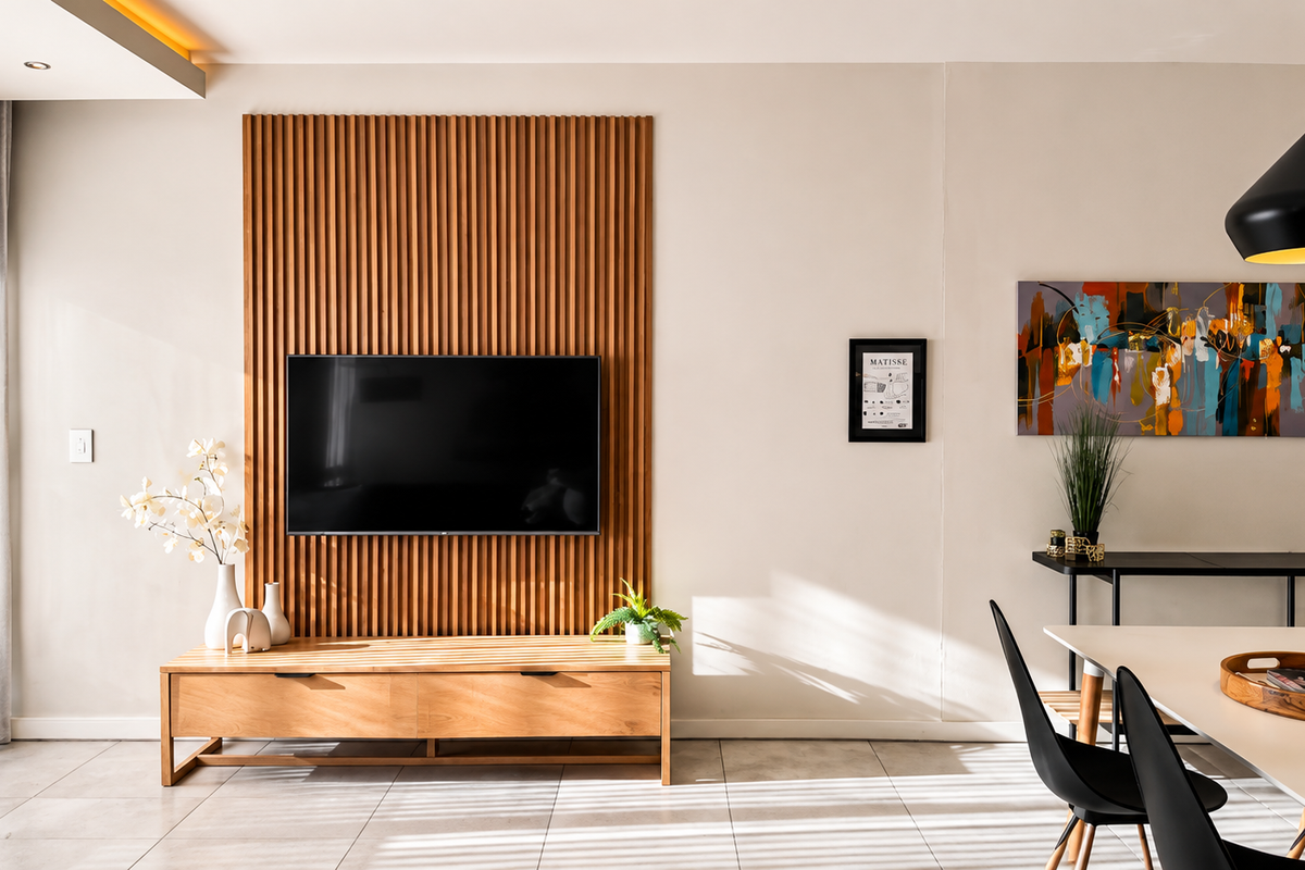 Modern living area featuring a stylish timber slat feature wall, tiled flooring, and recessed ceiling lighting, creating a warm and contemporary atmosphere.
