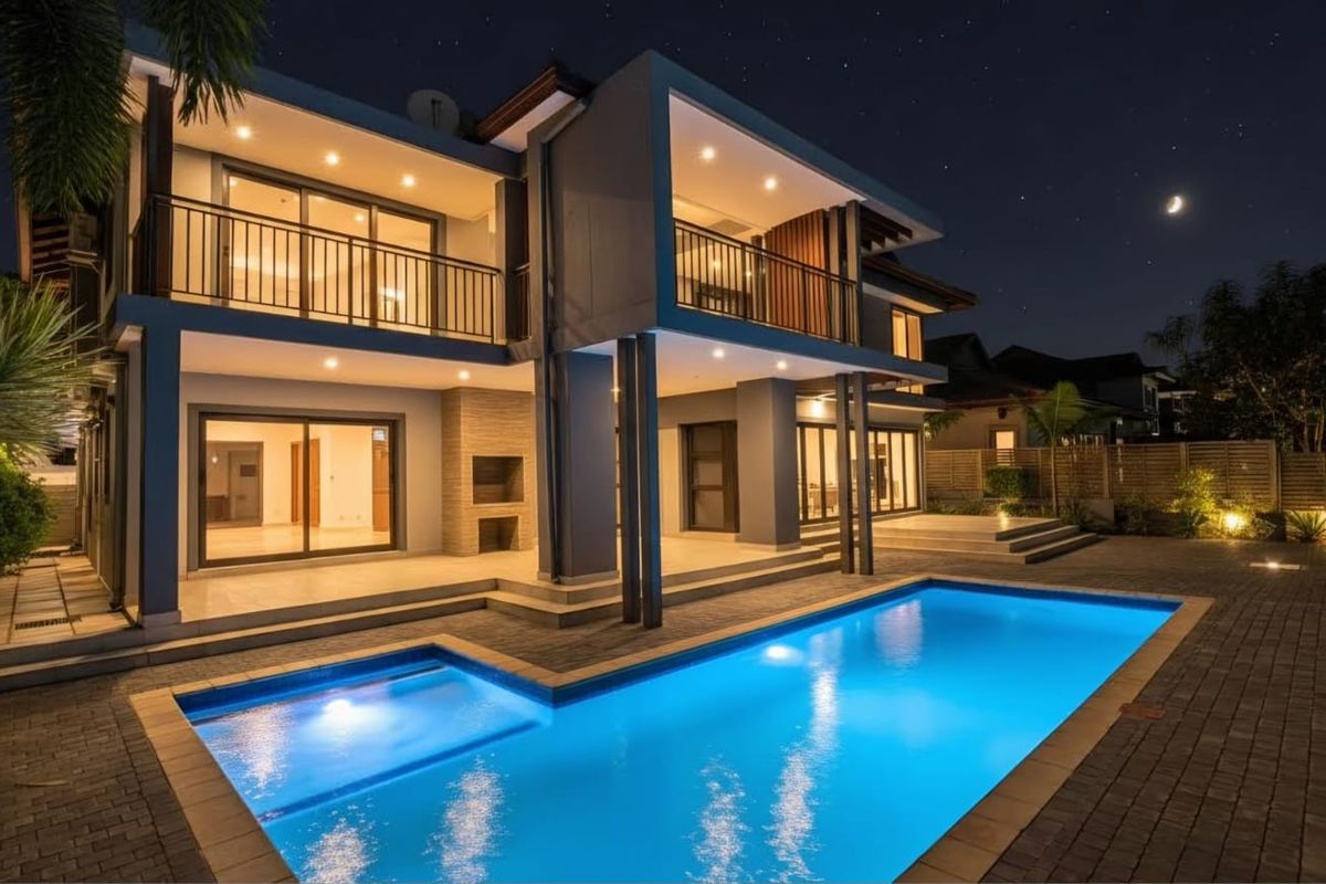 Modern double-story residence featuring a spacious covered patio, upper-level balcony, and a well-lit swimming pool area, perfect for evening outdoor entertaining.