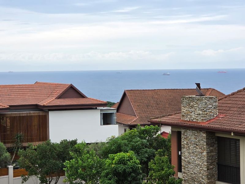 An elevated view overlooking neighboring residential rooftops with a clear, expansive ocean horizon in the background.