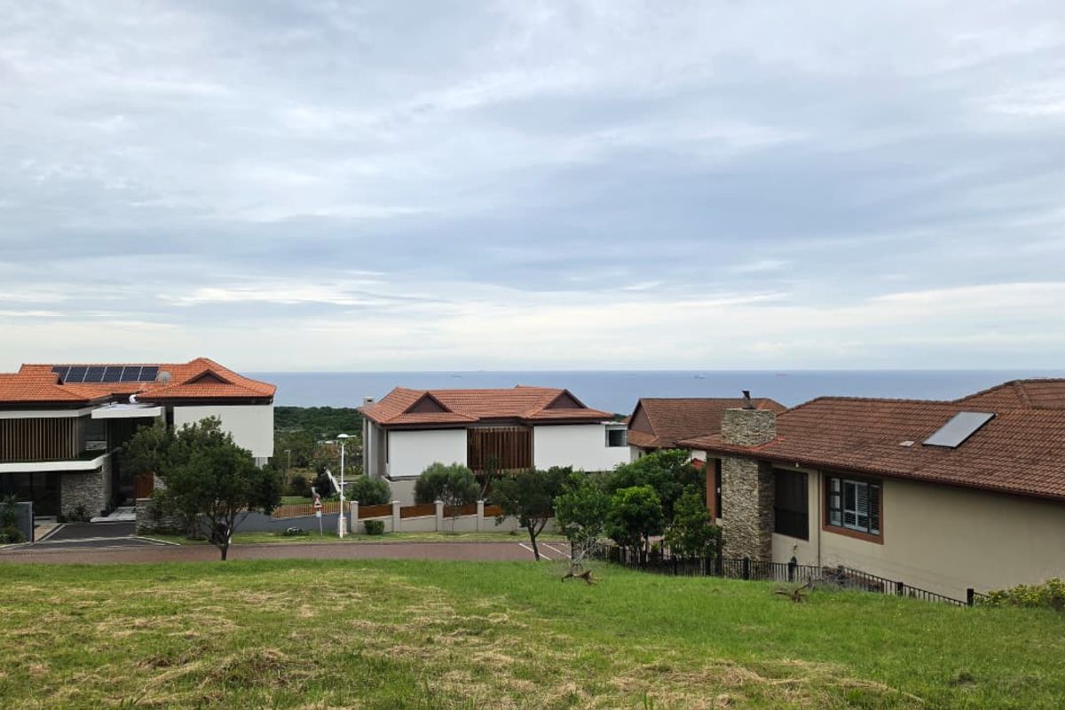 A scenic view overlooking a residential neighborhood with established homes and a distant ocean horizon.