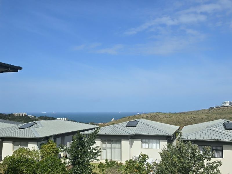 Elevated view overlooking residential rooftops with solar water heating systems and a distant ocean horizon.