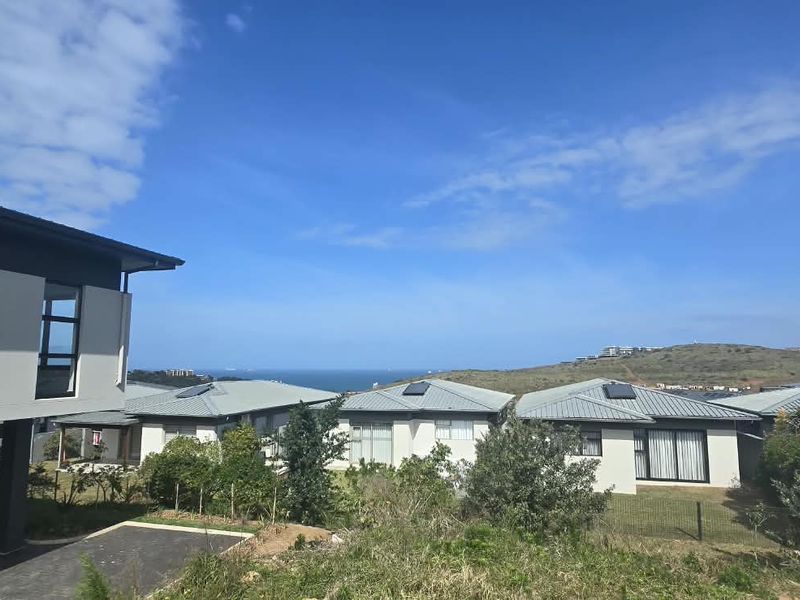 An elevated view overlooking a residential estate with modern homes, featuring metal roofs with integrated solar panels and distant coastal scenery.
