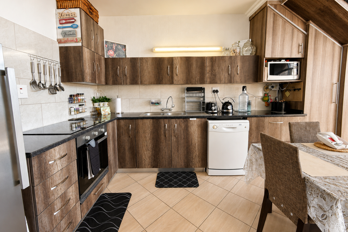 A functional kitchen featuring wood-look laminate cabinetry, granite countertops, a built-in oven, and a ceramic hob with a tiled backsplash.