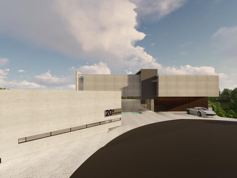 A modern architectural rendering of a luxury residential property featuring a sleek concrete facade and a spacious paved driveway.