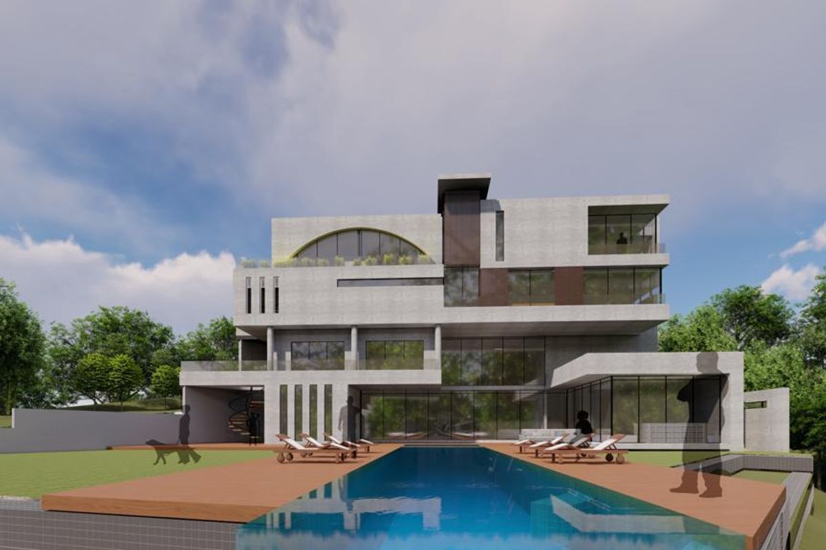 A modern architectural rendering of a multi-story residential property featuring a swimming pool, expansive glass facade, and tiered outdoor decking.