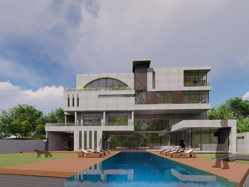 A modern architectural rendering of a multi-story residential property featuring a swimming pool, expansive glass facade, and tiered outdoor decking.