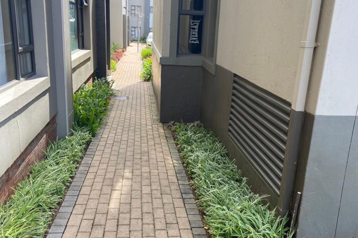A paved exterior walkway between apartment building sections, featuring neat landscaped garden borders and building ventilation fixtures.