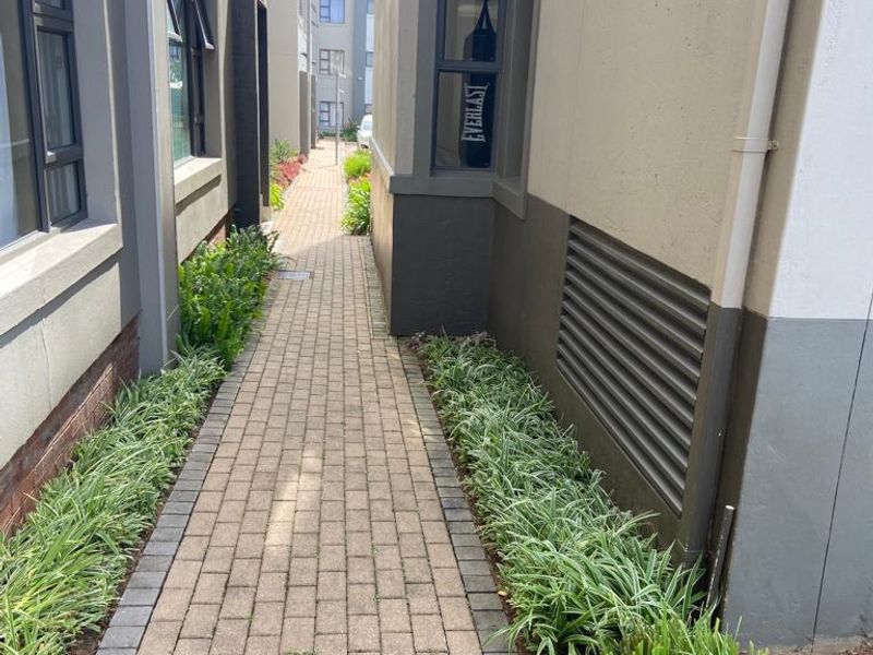 A paved exterior walkway between apartment building sections, featuring neat landscaped garden borders and building ventilation fixtures.