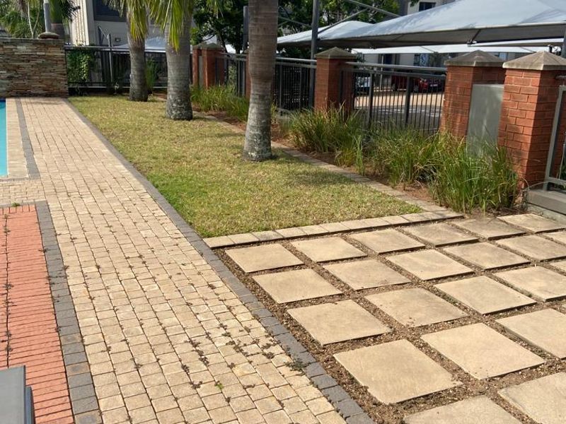 Outdoor pool area featuring a paved walkway, stone-clad wall, and landscaped garden with mature palm trees and brick boundary fencing.