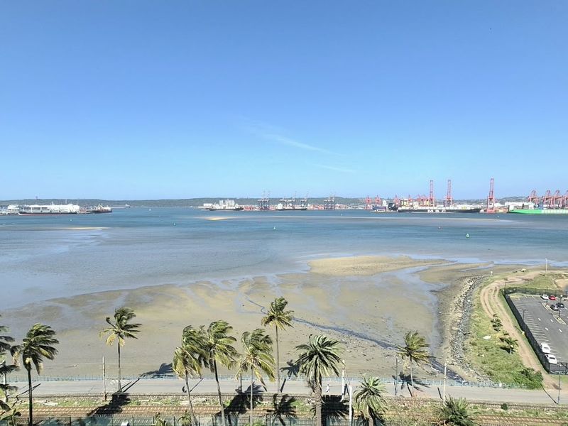 A panoramic elevated view overlooking the harbour, coastal landscape, and surrounding urban infrastructure.
