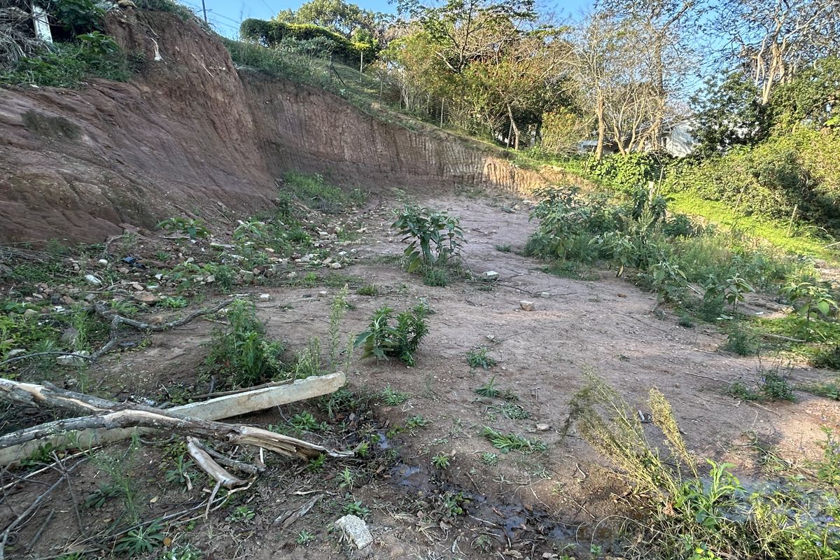 A vacant residential plot featuring a significant sloped earth bank and natural vegetation, offering potential for terraced landscaping or site development.