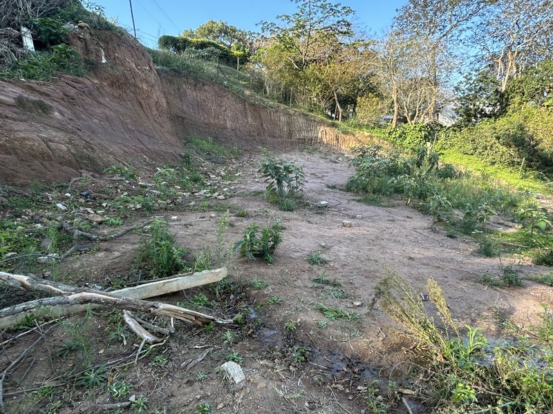 A vacant residential plot featuring a significant sloped earth bank and natural vegetation, offering potential for terraced landscaping or site development.