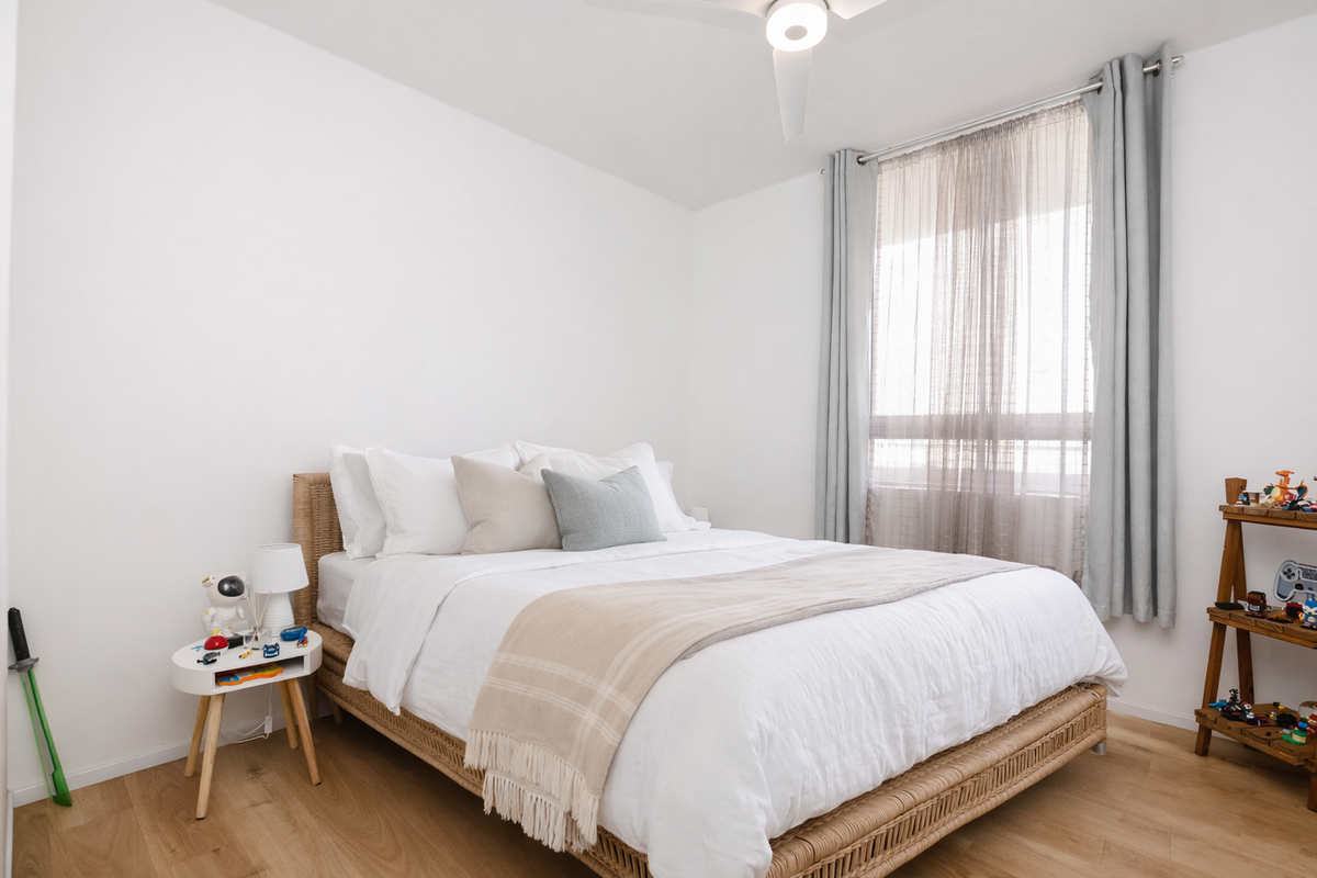 A bright and well-maintained bedroom featuring light-toned laminate flooring and a modern ceiling fan, offering a clean and neutral living space.