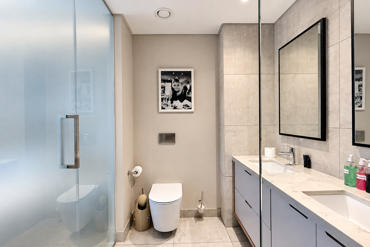 Modern bathroom featuring a double vanity with stone countertop, wall-mounted toilet, and a spacious walk-in shower with a frosted glass enclosure.