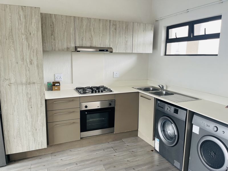 Modern kitchen featuring light wood-grain cabinetry, gas hob, electric oven, extractor fan, and integrated space for laundry appliances.