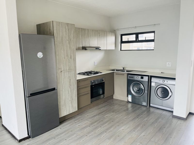 Modern kitchen featuring light wood-look cabinetry, gas hob, built-in oven, extractor fan, and integrated space for laundry appliances.