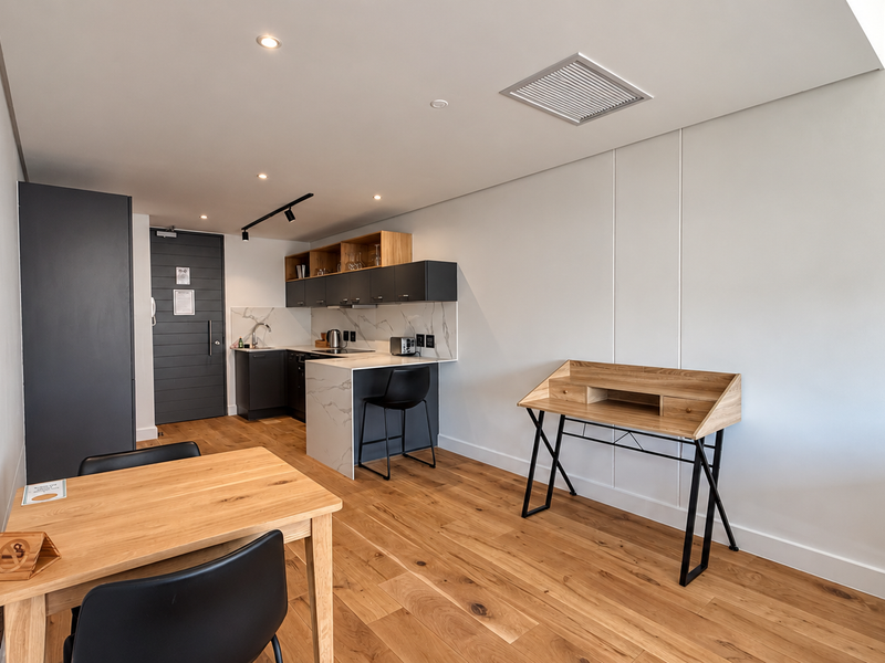 Modern open-plan living area featuring high-quality timber flooring, recessed lighting, and a sleek kitchen with marble-look finishes and built-in cabinetry.