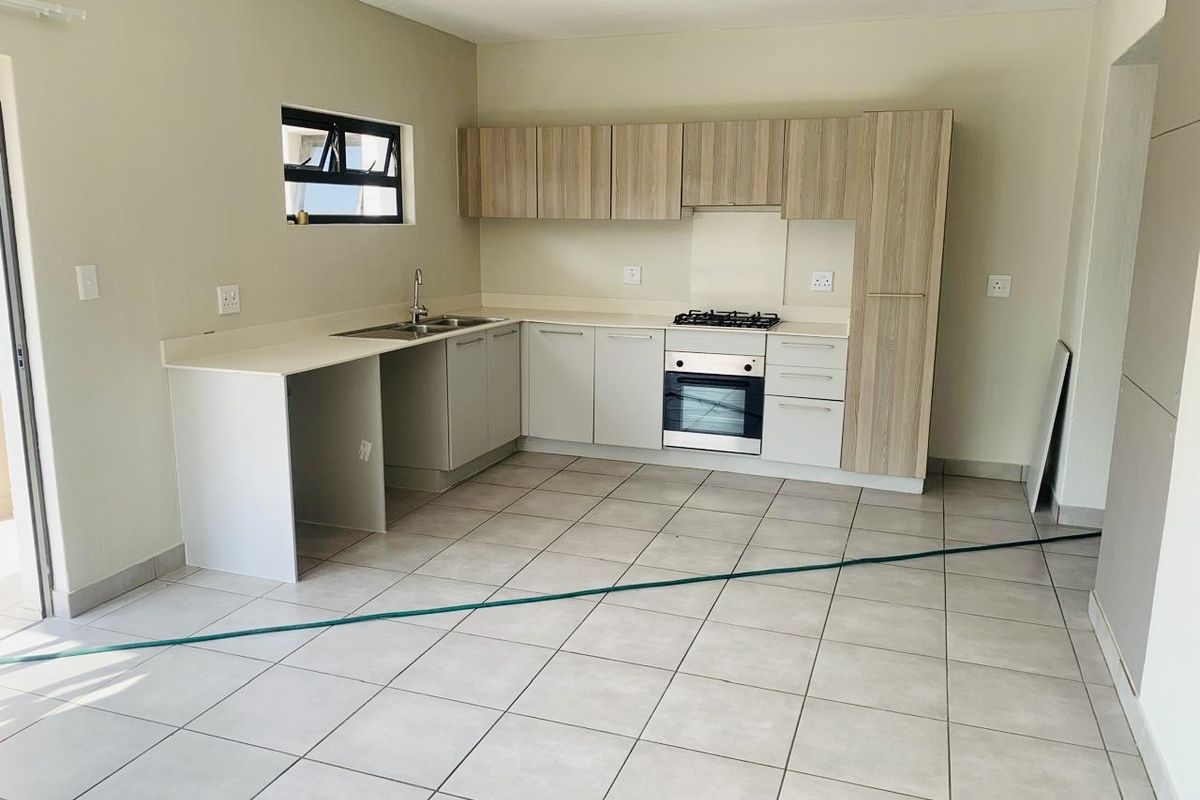 A clean, modern kitchen featuring light wood-tone cabinetry, built-in oven, gas hob, and neutral tiled flooring in an open-plan layout.