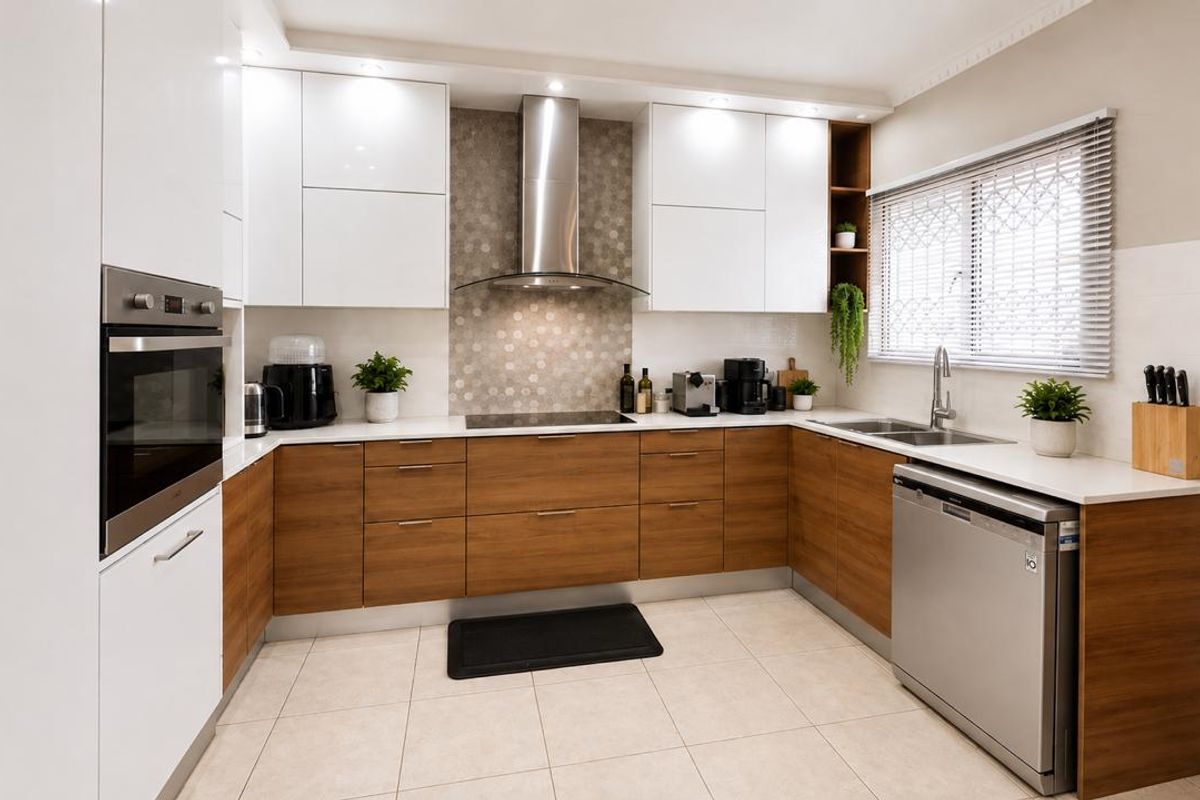 Modern U-shaped kitchen featuring two-tone cabinetry, stone countertops, built-in oven, extractor fan, and tiled flooring with ample natural light.