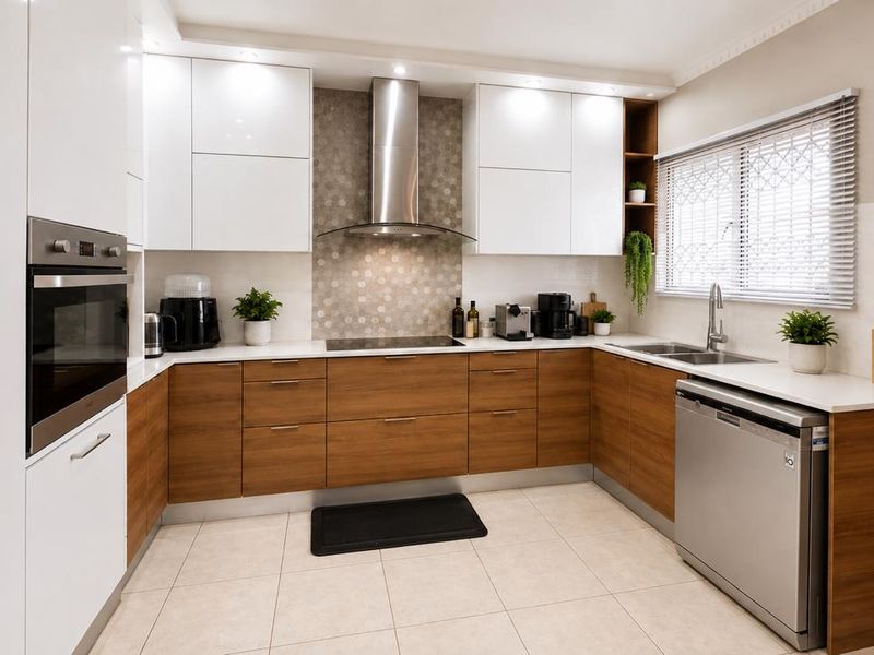 Modern U-shaped kitchen featuring two-tone cabinetry, stone countertops, built-in oven, extractor fan, and tiled flooring with ample natural light.