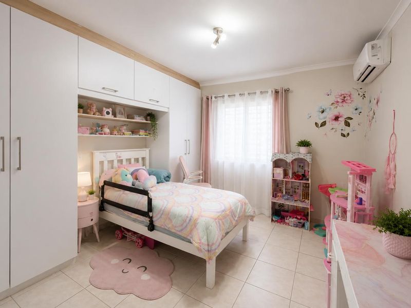 A well-maintained bedroom featuring extensive built-in cabinetry, tiled flooring, and a wall-mounted split-system air conditioner.