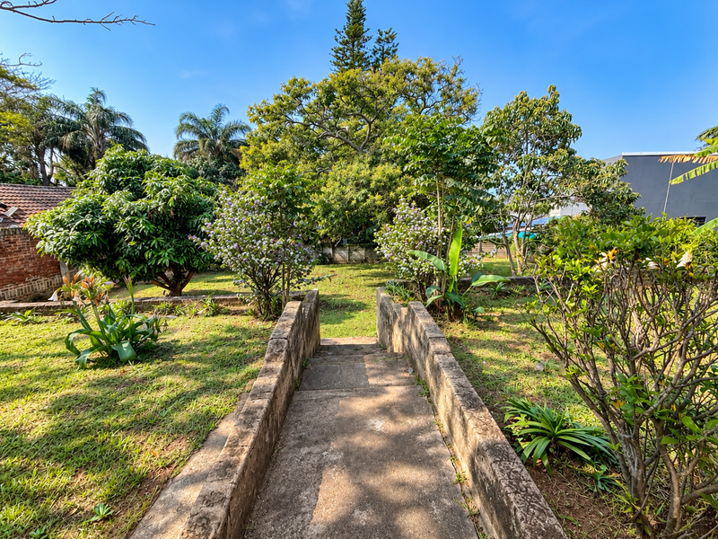 A spacious garden featuring a central concrete staircase with retaining walls, surrounded by mature trees and established landscaping.