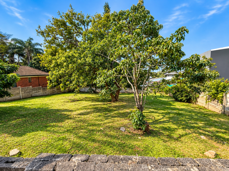 A spacious, level backyard featuring a large mature tree, well-maintained lawn, and secure precast concrete boundary walls.