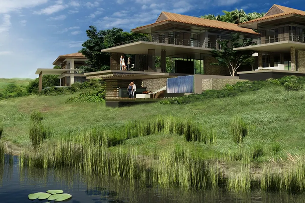 Architectural rendering of a luxury residence featuring tiered balconies, stone accents, and a water feature overlooking a natural landscape and pond.