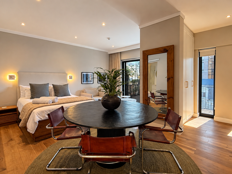 A well-appointed bedroom featuring hardwood flooring, recessed lighting, and a built-in wardrobe, with direct access to a private balcony.