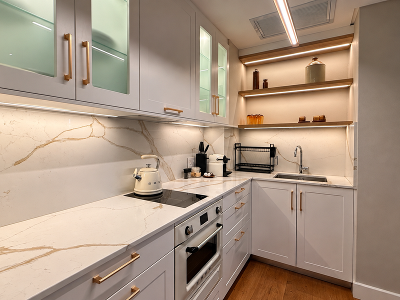 Modern kitchen featuring white shaker-style cabinetry, marble-look quartz countertops, integrated appliances, and elegant brass hardware with warm under-cabinet lighting.