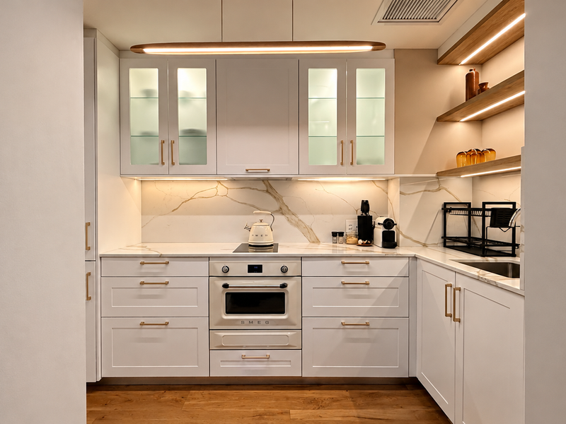 A modern, well-appointed kitchen featuring white cabinetry, marble-look splashback, integrated oven, and warm under-cabinet lighting with floating shelving.