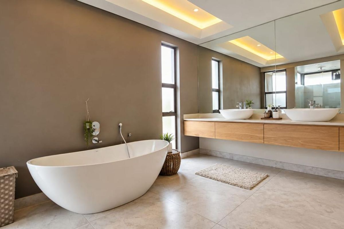 Modern bathroom featuring a sleek freestanding bathtub, a floating double vanity with vessel sinks, and expansive wall-to-wall mirror with integrated lighting.
