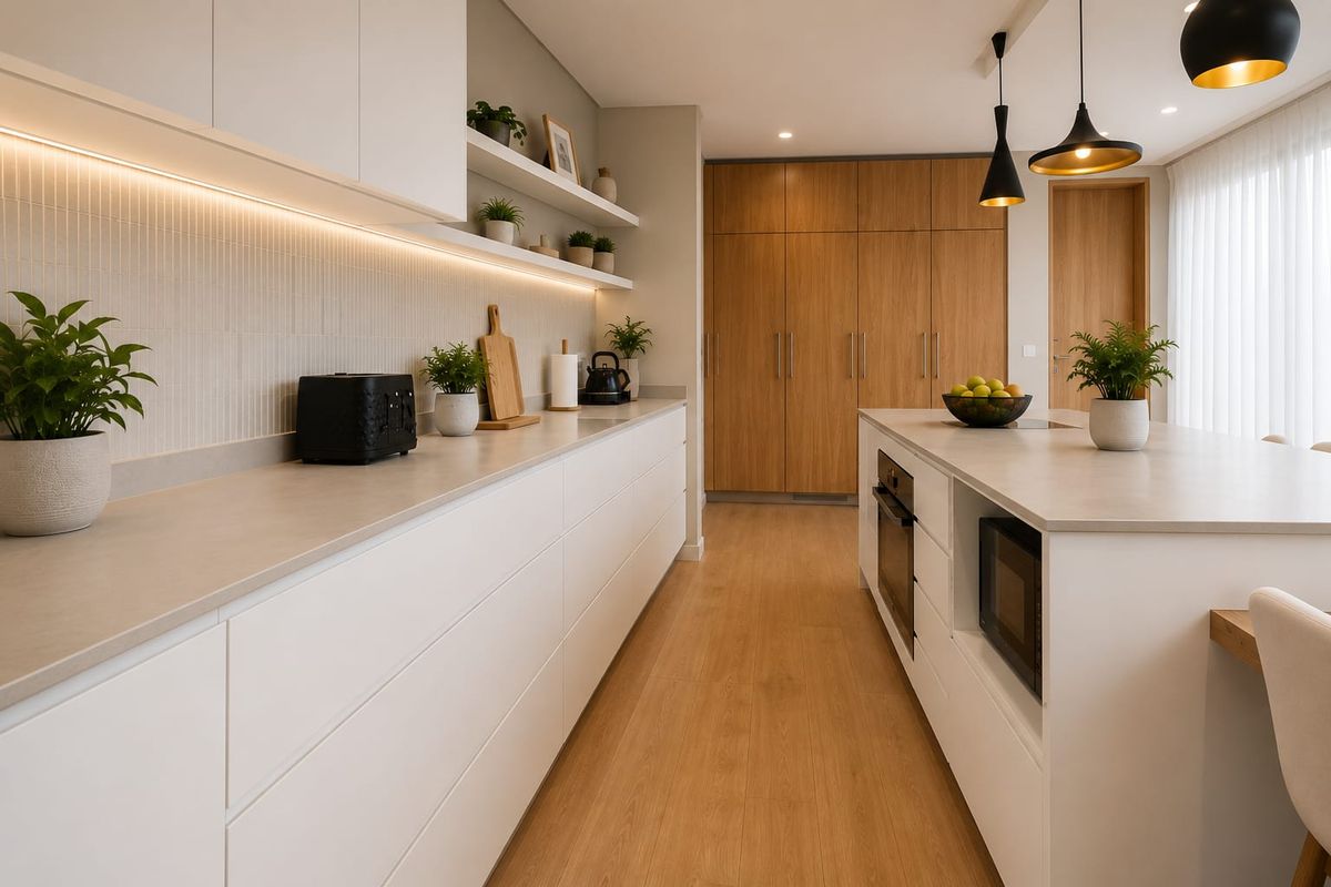 Modern, high-end kitchen featuring sleek white cabinetry, a central island with integrated appliances, stone countertops, and warm under-cabinet lighting.