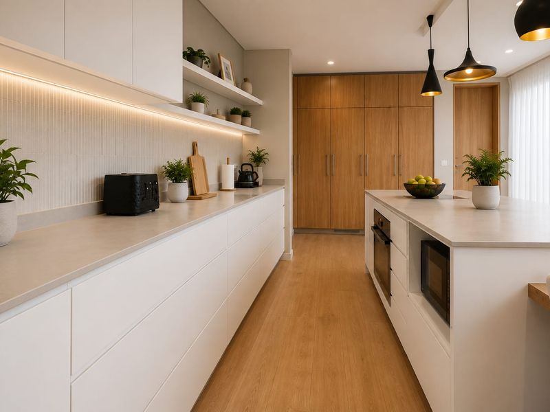 Modern, high-end kitchen featuring sleek white cabinetry, a central island with integrated appliances, stone countertops, and warm under-cabinet lighting.