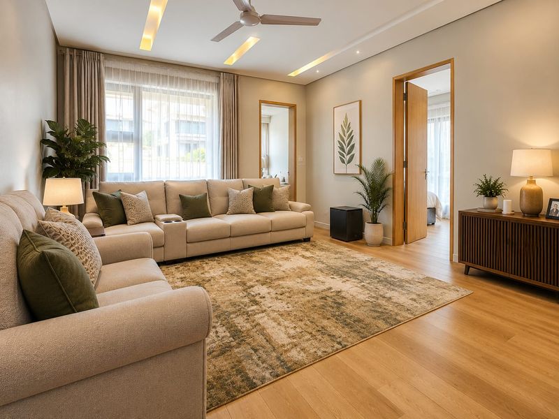 A well-maintained living room featuring timber flooring, recessed ceiling lighting, and a ceiling fan, providing a bright and comfortable atmosphere.