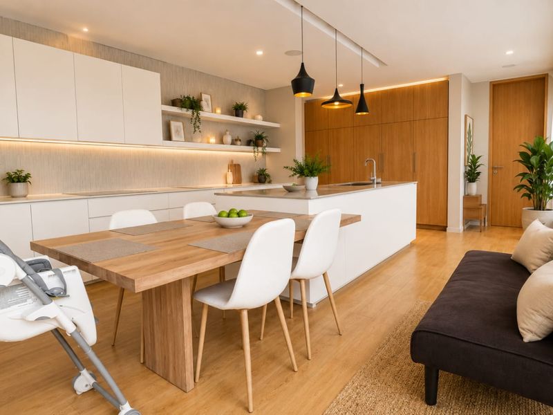 Modern open-plan kitchen and dining area featuring sleek white cabinetry, a central island, warm wood flooring, and elegant pendant lighting.
