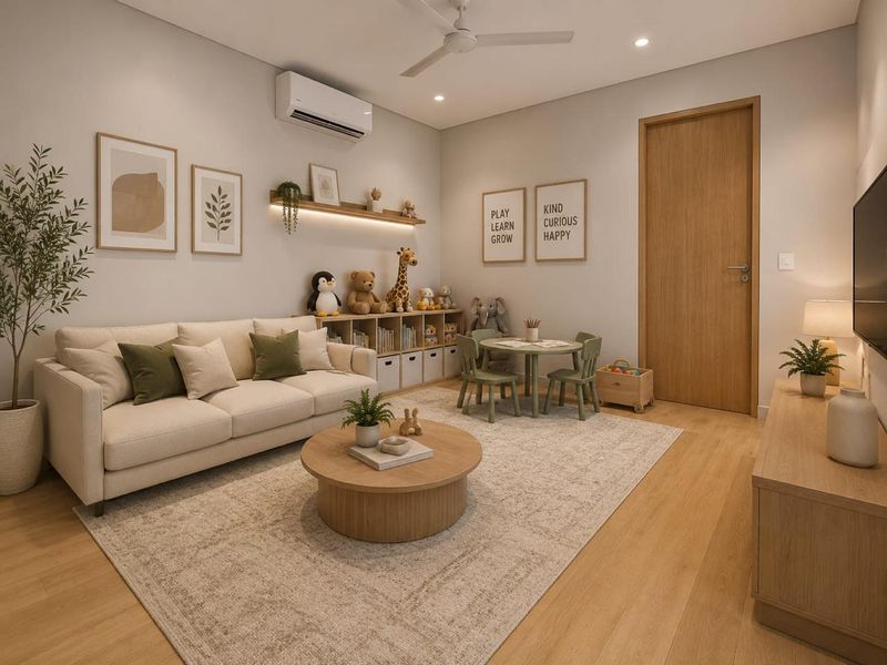 A well-maintained living room featuring light timber flooring, recessed downlighting, a ceiling fan, and a wall-mounted split-system air conditioner.