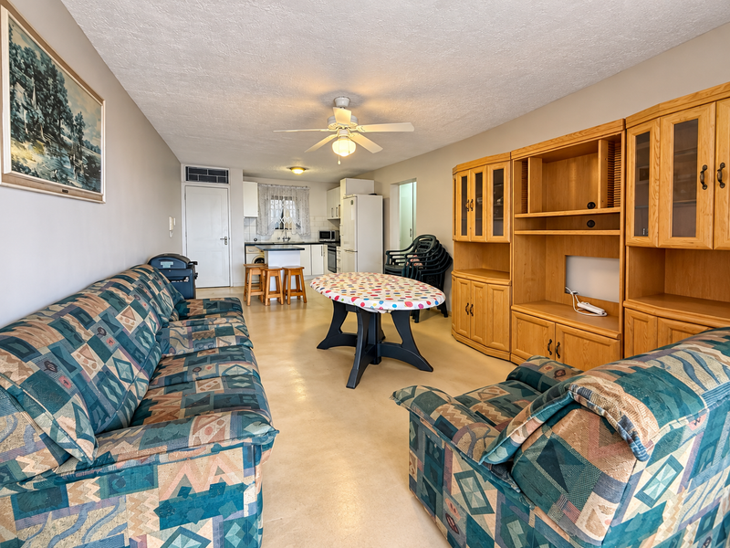 Open-plan living and kitchen area featuring a ceiling fan, functional kitchen cabinetry, and integrated appliances, offering a versatile layout for daily living.