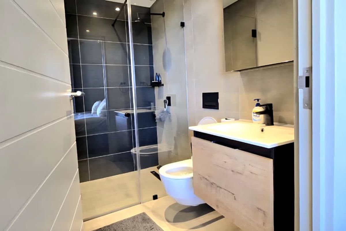 Modern bathroom featuring a wall-mounted vanity, wall-hung toilet, and a spacious walk-in shower with a glass screen and dark tiled accents.