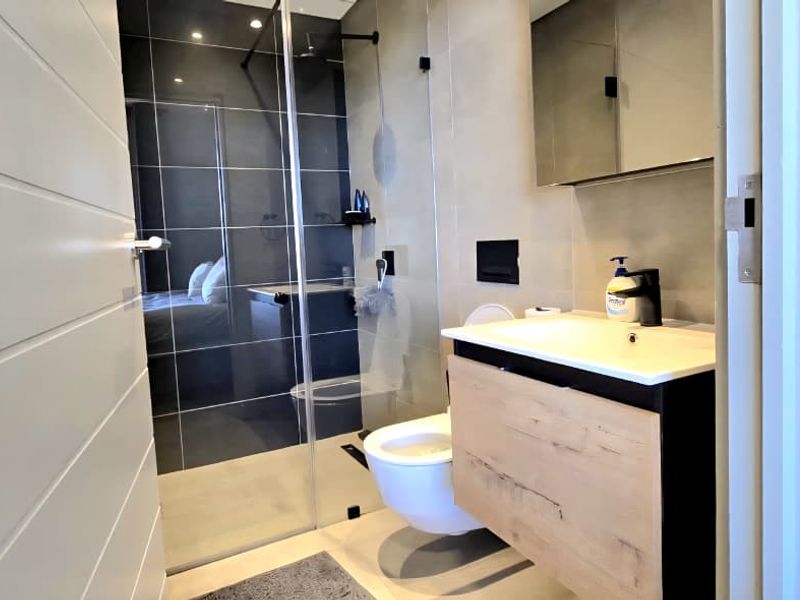 Modern bathroom featuring a wall-mounted vanity, wall-hung toilet, and a spacious walk-in shower with a glass screen and dark tiled accents.