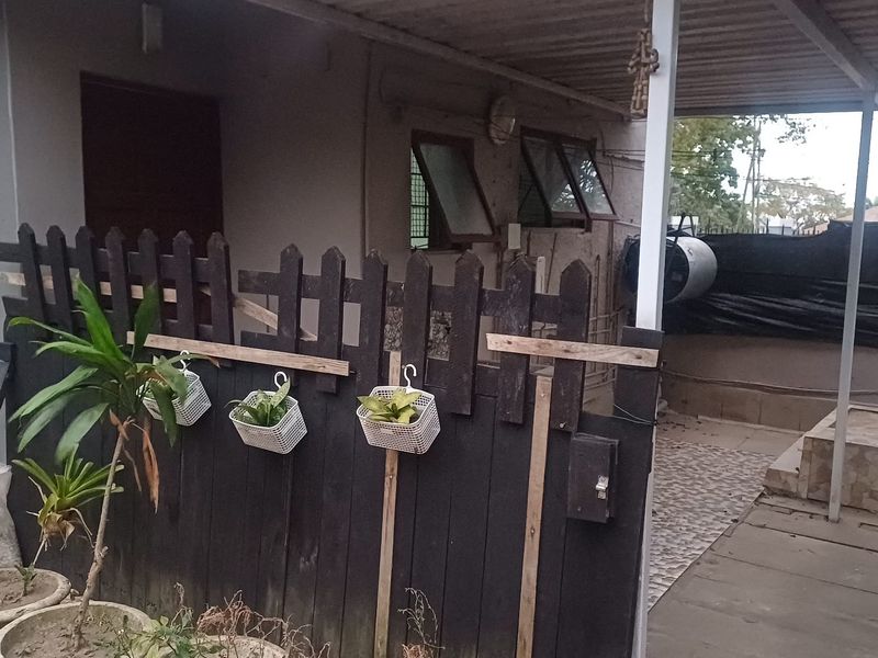 A covered outdoor patio area featuring a timber privacy fence, tiled flooring, and corrugated metal roofing, providing a functional space for outdoor living.