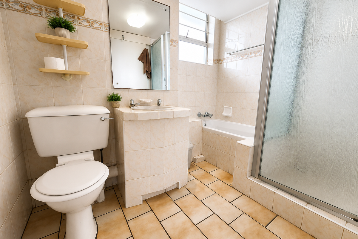 A functional bathroom featuring a tiled vanity, a combined bathtub and shower enclosure, and neutral wall and floor tiling.