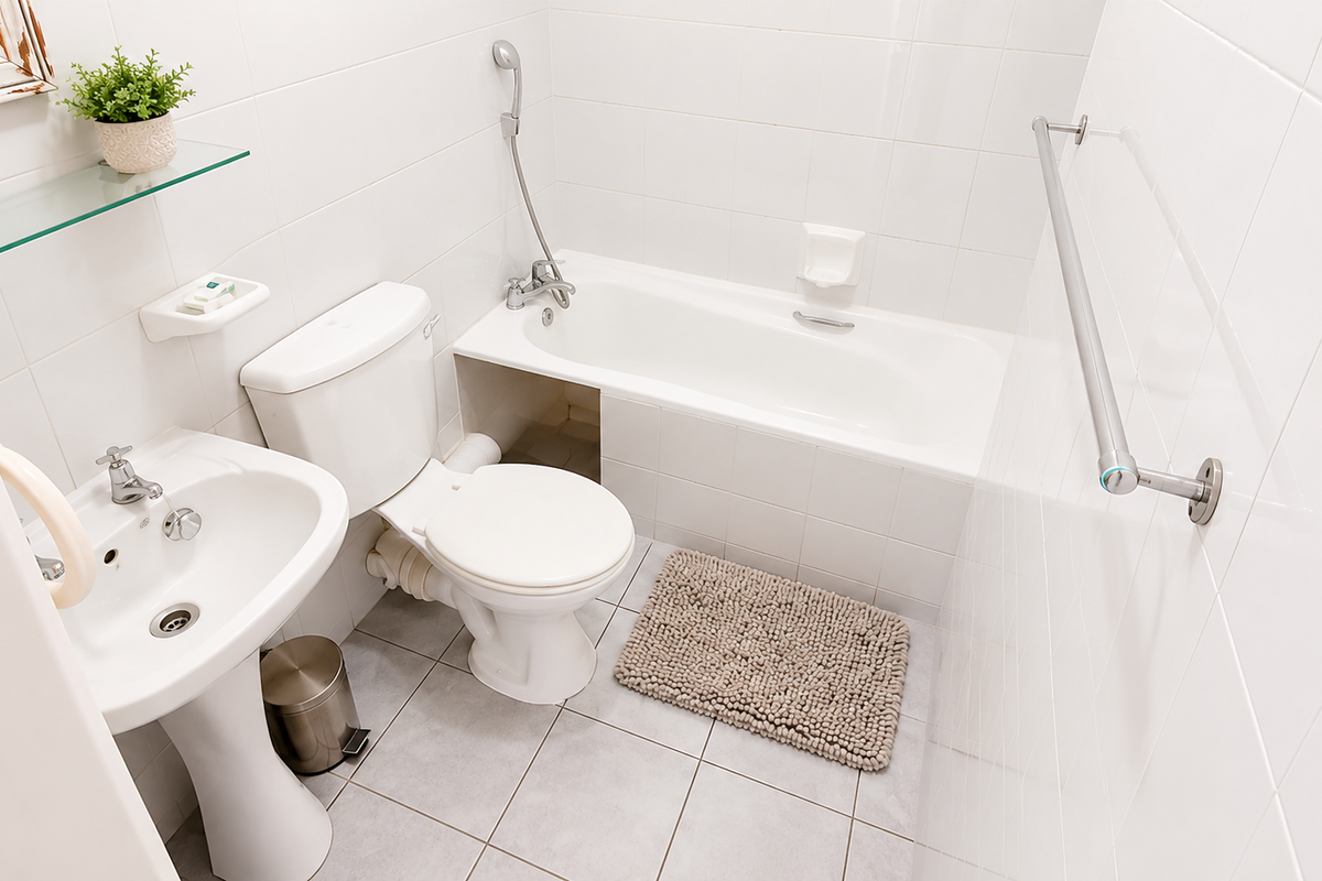 Compact bathroom featuring a white pedestal basin, standard toilet, and a built-in bathtub with wall-mounted shower mixer.