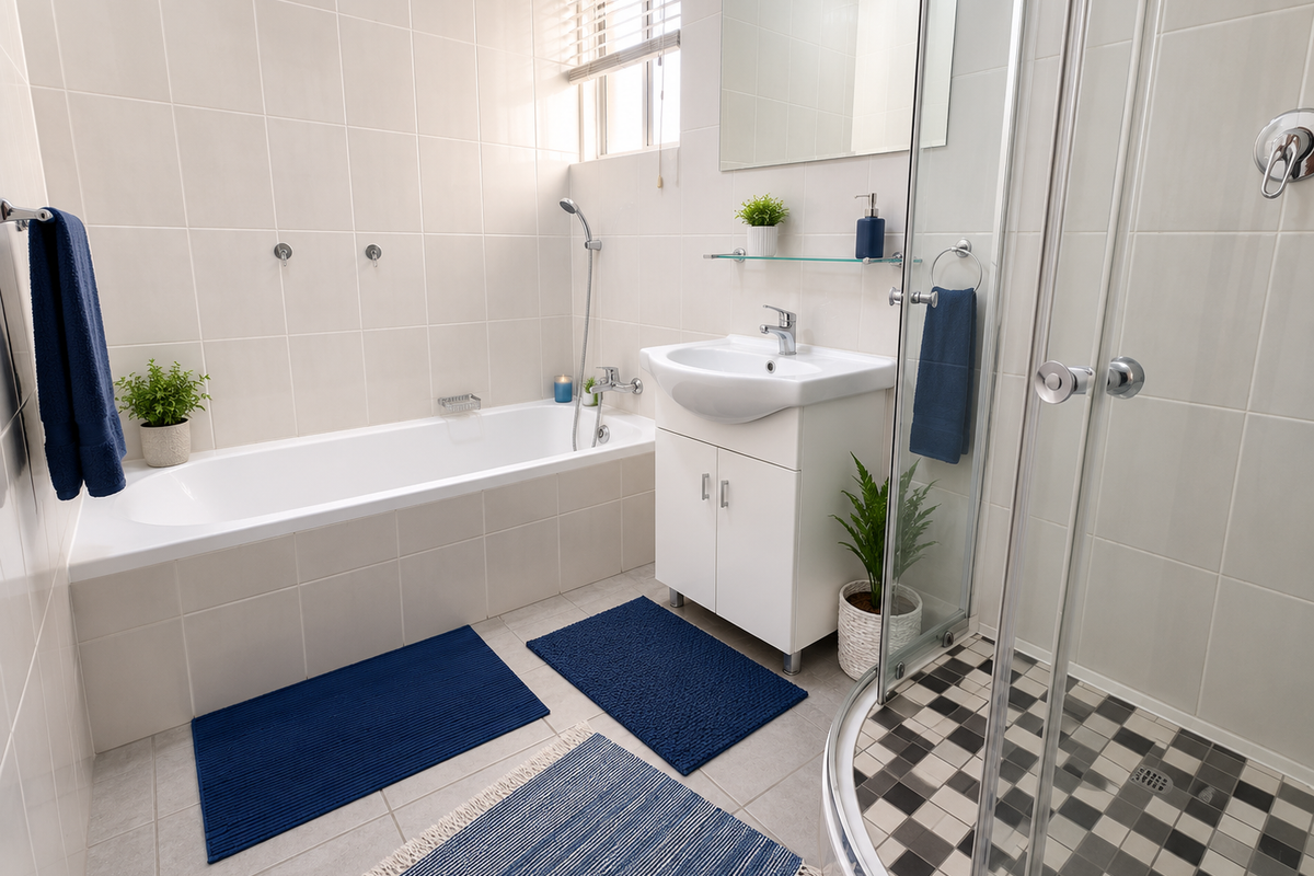A clean, well-maintained bathroom featuring a white bathtub, a separate glass-enclosed shower, and a vanity basin with storage.