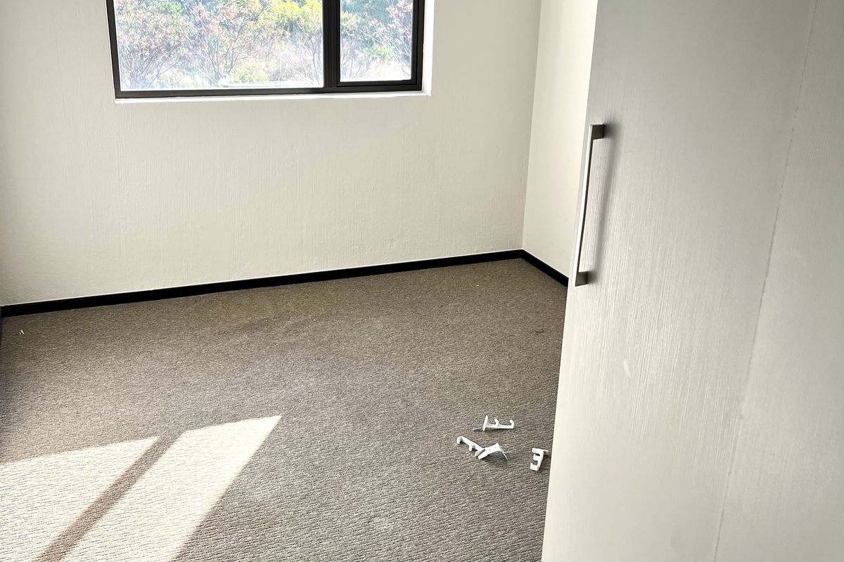 A bright, empty bedroom featuring neutral carpeting, a large window with natural light, and a built-in cupboard with a modern handle.