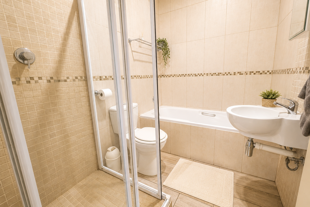 A functional bathroom featuring a glass-enclosed shower, a built-in bathtub, a wall-mounted basin, and a toilet with neutral tiled finishes.