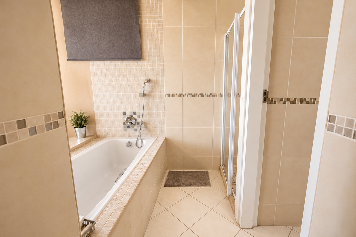 A functional bathroom featuring a built-in bathtub with shower attachment, separate shower enclosure, and neutral ceramic wall and floor tiling.